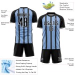 Aangepast zwart lichtblauw-wit gesublimeerd voetbaltenue-shirt Aangepast zwart lichtblauw-wit gesublimeerd voetbaltenue-shirt