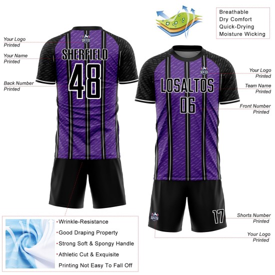 Aangepast zwart paars-wit gesublimeerd voetbaltenue-shirt Aangepast zwart paars-wit gesublimeerd voetbaltenue-shirt