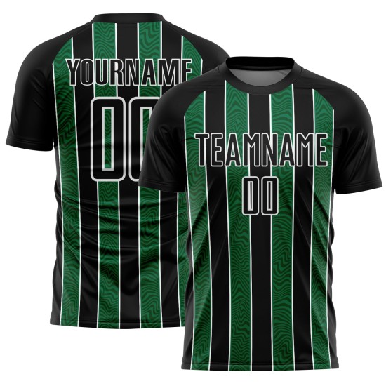 Aangepast zwart Kelly Groen-Wit Lijn Sublimatie Voetbaltenue Jersey Aangepast zwart Kelly Groen-Wit Lijn Sublimatie Voetbaltenue Jersey