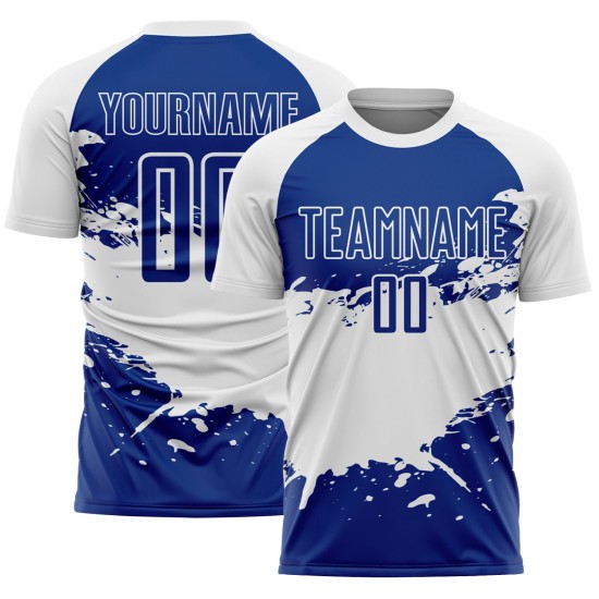 Aangepast Royal White Splash Sublimatie Voetbaltenue Jersey Aangepast Royal White Splash Sublimatie Voetbaltenue Jersey