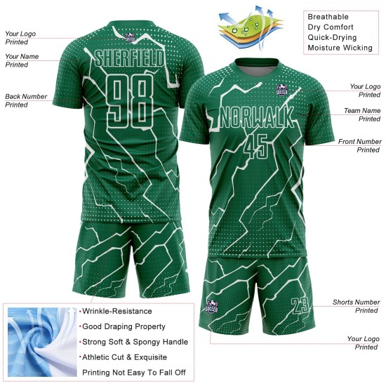 Aangepast Kelly Green White Lightning Sublimatie Voetbaltenue Jersey Aangepast Kelly Green White Lightning Sublimatie Voetbaltenue Jersey