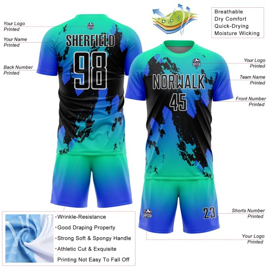 Aangepast Aqua Zwart-Donderblauw Splash Sublimatie Voetbaltenue Jersey Aangepast Aqua Zwart-Donderblauw Splash Sublimatie Voetbaltenue Jersey