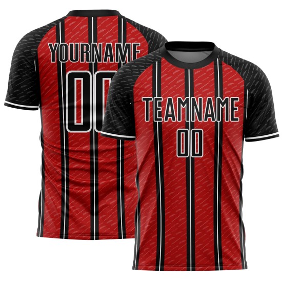 Aangepast zwart rood-wit gesublimeerd voetbaltenue-shirt Aangepast zwart rood-wit gesublimeerd voetbaltenue-shirt