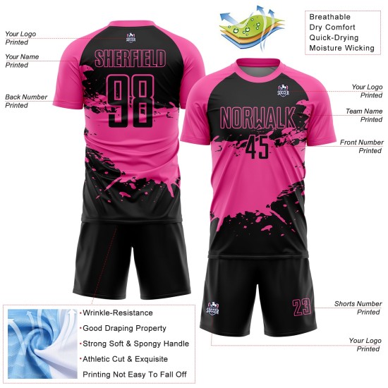 Aangepast zwart roze-wit sublimatie voetbaltenue shirt Aangepast zwart roze-wit sublimatie voetbaltenue shirt