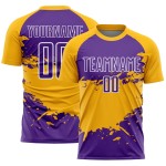 Aangepast paars goud-wit spatten sublimatie voetbaltenue shirt Aangepast paars goud-wit spatten sublimatie voetbaltenue shirt