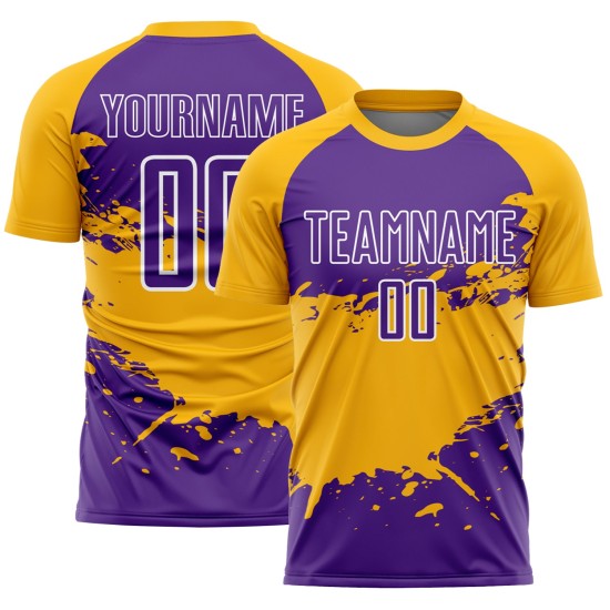 Aangepast paars goud-wit spatten sublimatie voetbaltenue shirt Aangepast paars goud-wit spatten sublimatie voetbaltenue shirt
