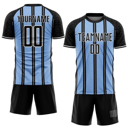 Aangepast zwart lichtblauw-wit gesublimeerd voetbaltenue-shirt Aangepast zwart lichtblauw-wit gesublimeerd voetbaltenue-shirt