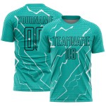 Aangepast Aqua Zwart-Wit Bliksem Sublimatie Voetbaltenue Jersey Aangepast Aqua Zwart-Wit Bliksem Sublimatie Voetbaltenue Jersey