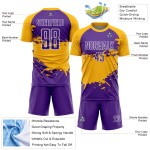 Aangepast paars goud-wit spatten sublimatie voetbaltenue shirt Aangepast paars goud-wit spatten sublimatie voetbaltenue shirt