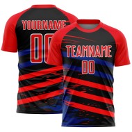 Op maat gemaakt Fire Red Royal-Black Line sublimatie voetbaltenue shirt