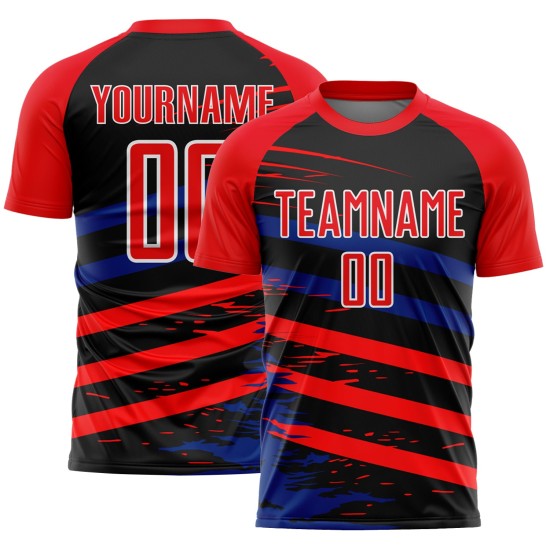 Op maat gemaakt Fire Red Royal-Black Line sublimatie voetbaltenue shirt Op maat gemaakt Fire Red Royal-Black Line sublimatie voetbaltenue shirt