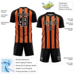 Aangepast zwart oranje-wit gesublimeerd voetbaltenue-shirt Aangepast zwart oranje-wit gesublimeerd voetbaltenue-shirt