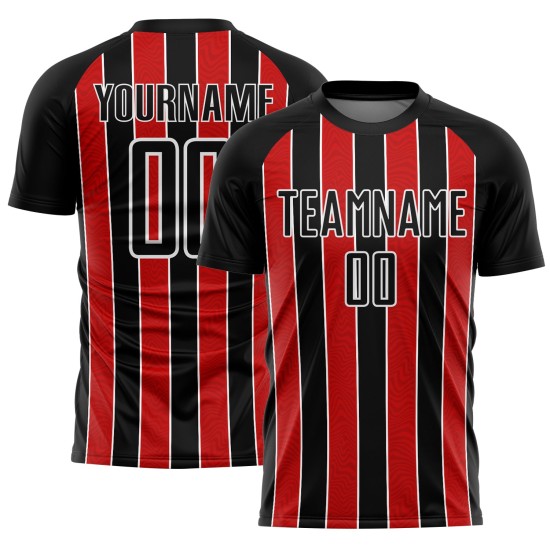 Aangepast zwart rood-wit gesublimeerd voetbaltenue-shirt Aangepast zwart rood-wit gesublimeerd voetbaltenue-shirt