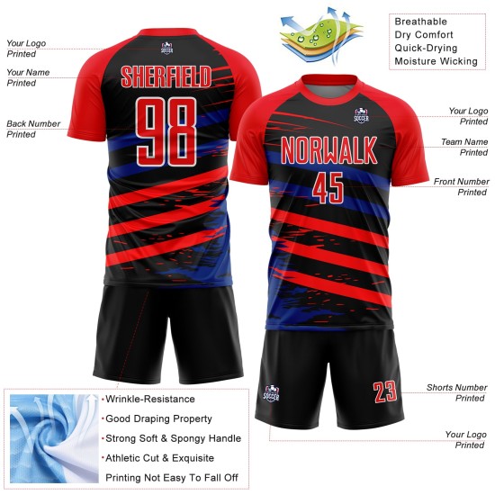 Op maat gemaakt Fire Red Royal-Black Line sublimatie voetbaltenue shirt Op maat gemaakt Fire Red Royal-Black Line sublimatie voetbaltenue shirt