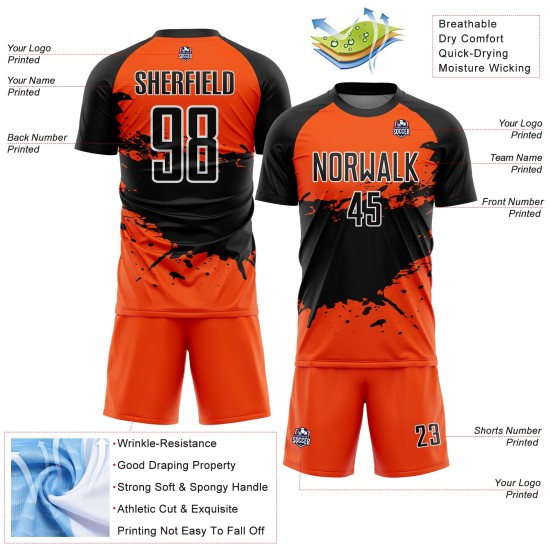 Aangepast oranje zwart-wit sublimatie voetbaltenue shirt Aangepast oranje zwart-wit sublimatie voetbaltenue shirt